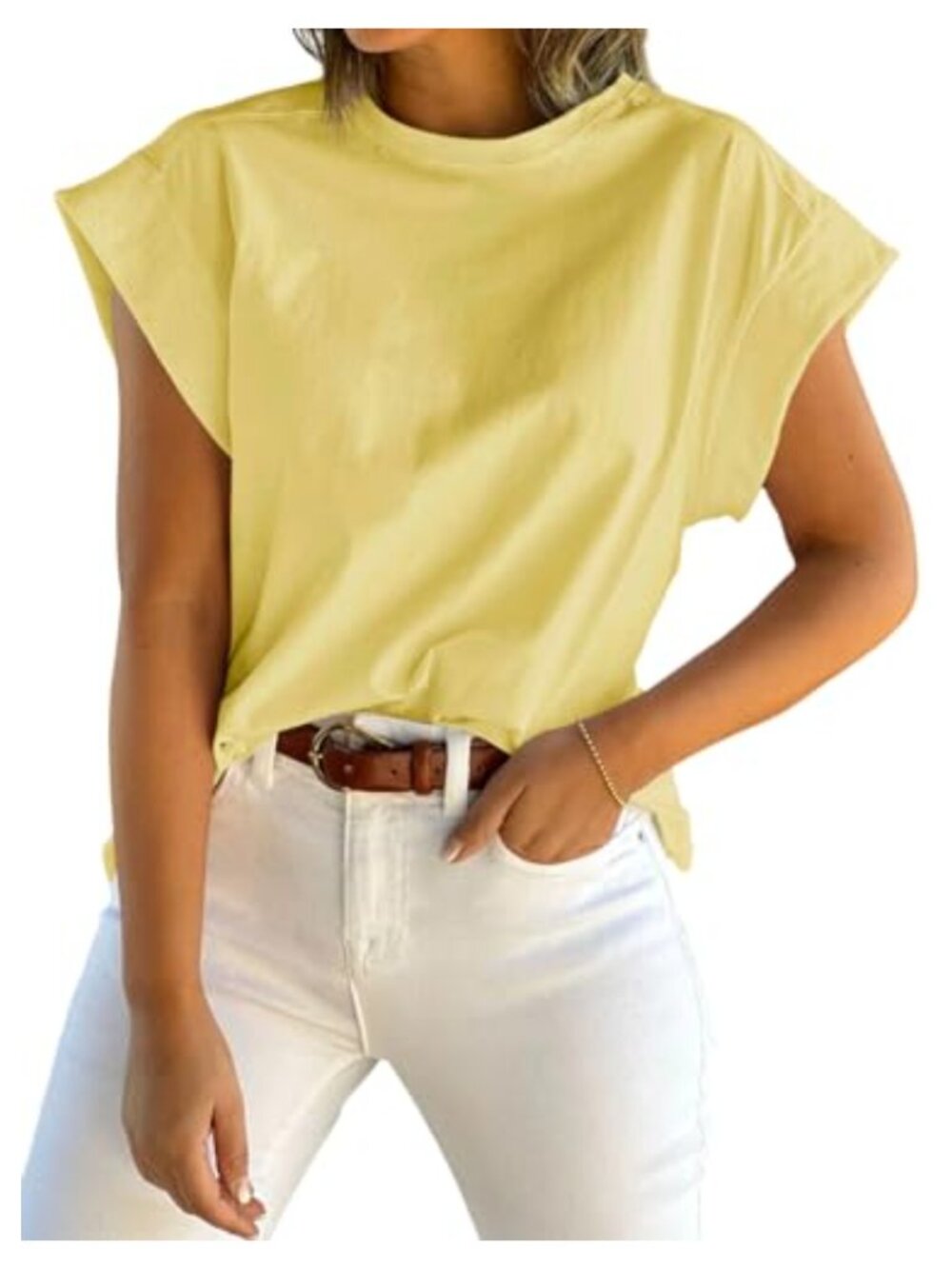 Womens Cap Sleeve Tank Top Crewneck Casual Basic Tee Loose Fit Polyester